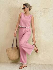 Frenchy Conjunto de 2 piezas de camiseta sin mangas y pantalones con ribete de contraste para vacaciones casuales de mujer - Rosa - Ver 7