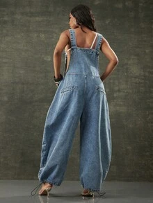 Denimoi 女士工装口袋阔腿宽松休闲牛仔连体裤 - 藍色 - 查看 2