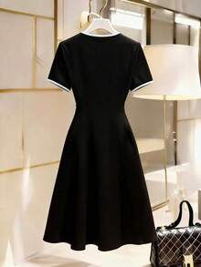 Elenzga Women's Round Neck Bow Tie Button Down Dress - Black - View 2