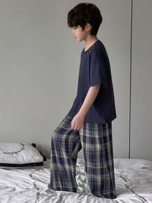 Dazy Kids Tween Boy Solid Color Short Sleeve Top And Plaid Pants Pajama Set Summer - Navy Blue - View 7