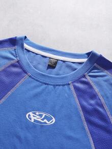 ROMWE MEN Men's Letter Print Round Neck Casual Short Sleeve T-Shirt - Blue - View 4