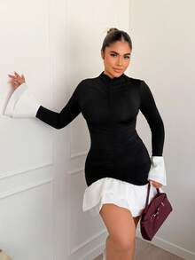 Maria Perezxox Gaun Lengan Panjang Elegan dengan Potongan Pas Badan dan Blok Warna, Gaun Berkerut, Gaun Bergelombang, Atasan Berkerut, Atasan dengan Pinggang Terikat, Rok Berkerut, Gaun Pesta Malam Musim Dingin, Musim Semi - Hitam dan Putih - View 3