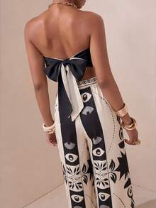 Zivah 2026夏季新款音乐节、母亲节、婚礼季无袖系带露背短款上衣和直筒裤套装，印花波西米亚风，休闲、海滩、邮轮、日常穿着 - 彩色 - 查看 2