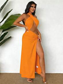 VaVaBold Đầm maxi nữ kiểu dáng xẻ tà, cổ yếm, hở lưng, xoắn phía trước, xẻ đùi. - trái cam - Xem 4