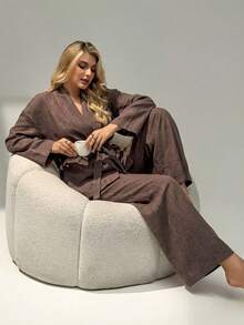 Auralis Plus Size Women's Solid Color Dolman Sleeve Shirt And Wide Leg Pants 2 Pieces Set - Coffee Brown - View 2