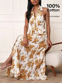 Lilora 女士优雅无袖棉质连衣裙 - 棕色 - 查看 4