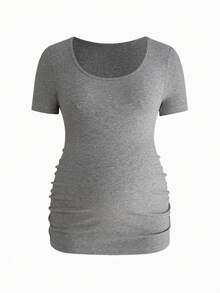 Modmama Camiseta plisada de manga corta y cuello redondo informal para mujeres embarazadas - Multicolor - Ver 12