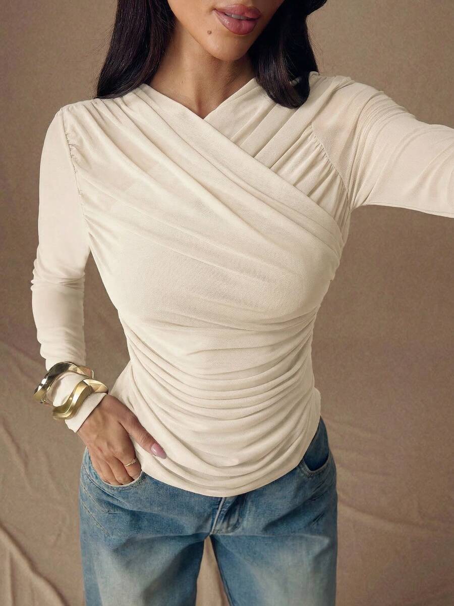 SHEIN BAE Women's Solid Color Ruched Long Sleeve Fitted Fashion T-Shirt - Apricot - View 1