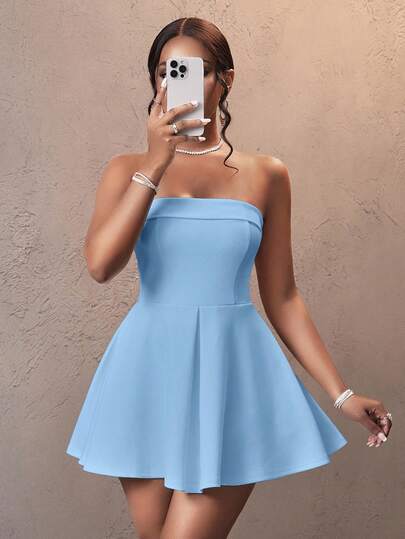 Slaydiva Đầm ngắn quây ngực màu trơn dành cho nữ