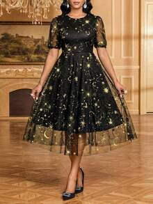 SHEIN Lady Fashionable Party Gold Foil Embroidered Black Mesh Dress - Black - View 5