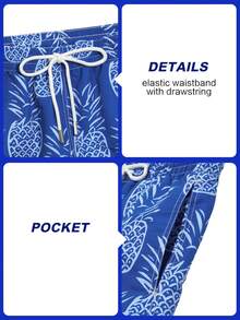 Manfinity Swimmode Men's Pineapple Print Drawstring Waist Pocket Beach Shorts - Blue - View 7