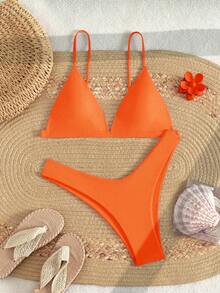 Swim Basics Solid Color Sexy Bikini Swimsuit For Beach Vacation - Orange - View 1
