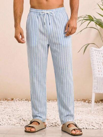 HIMLAND 男士条纹抽绳腰带口袋锥形休闲裤