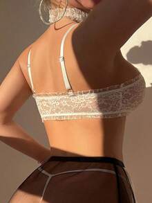 Fantasy Costume Bộ đồ lót ren gợi cảm 4 món cho nữ (Áo ngực không gọng/Quần lọt khe/Váy ngắn/Chocker) - Đen và trắng - Xem 2