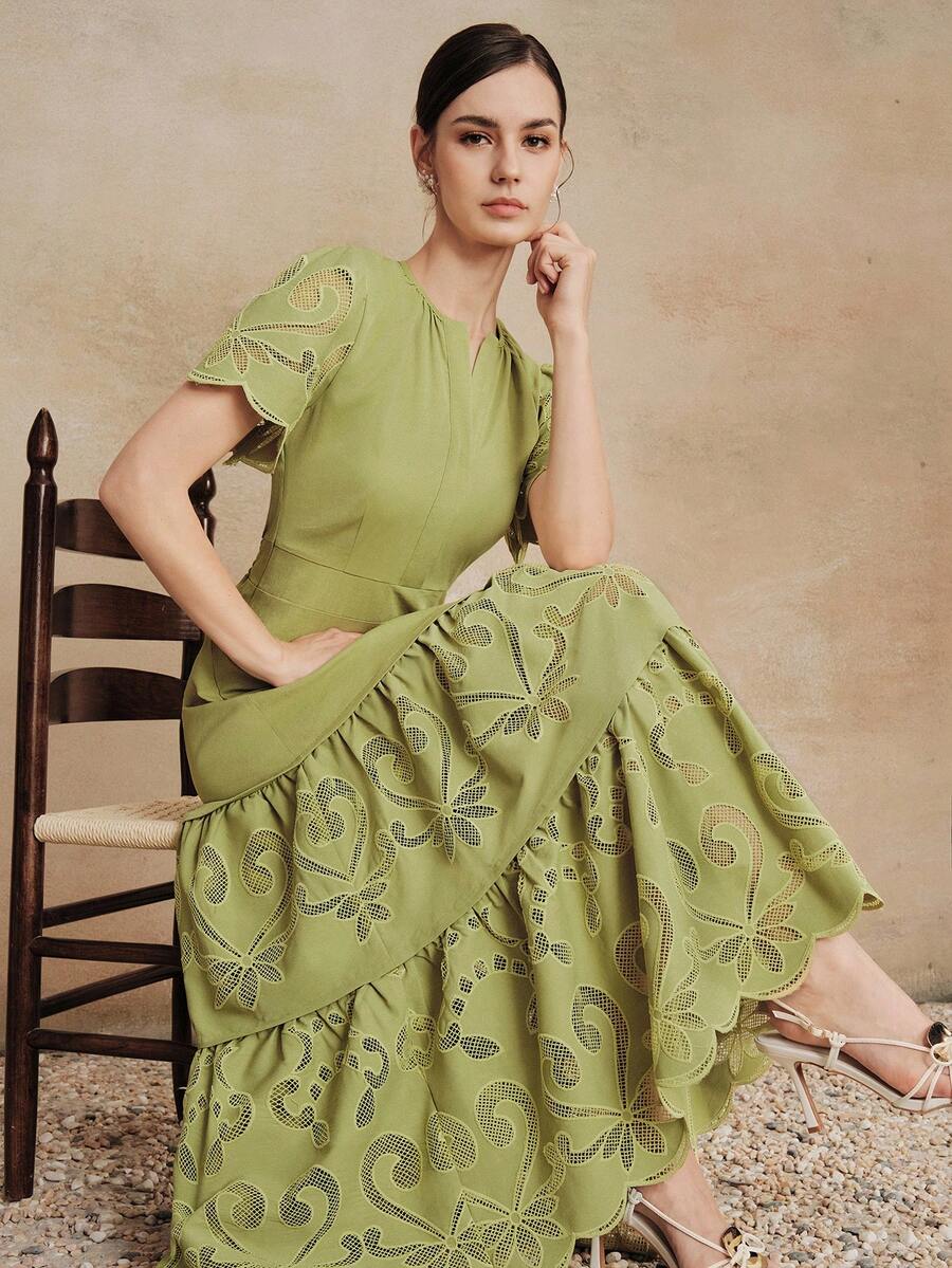 Anewsta 春夏新款法式浪漫优雅粉色镂空刺绣V领短袖高腰A字连衣裙，女装 - 綠色 - 查看 1