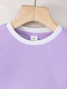 Kleine Mädchen Einfarbig Gestrickt Figurbetont Kurzes Rückenfrei T-Shirt mit Organza Oversized Schleife Dekor, Modisch Französisch Elegant, Schulanfang, Y2K, Süß & Coole Lady Stil - Mauve - Übersicht 7