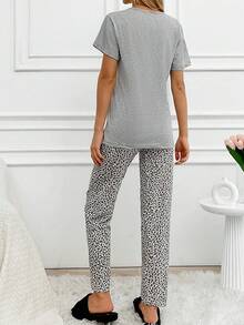 Loomlin 100%Cotton 2pcs/Set Women Cotton Animal Print Detail Homewear Pajama Set - Light Grey - View 2