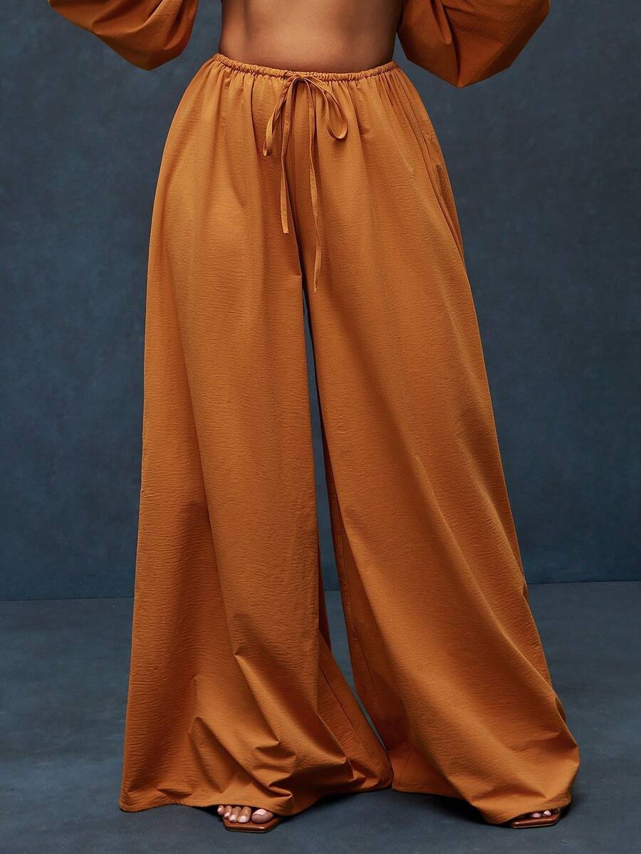 Solid Woven Drawstring Adjustable Waist Wide Leg Flowy Pants - Redwood - View 1