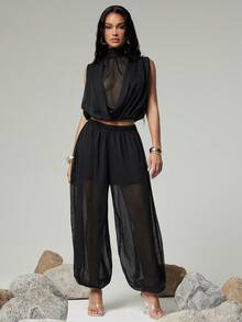 Hauture Women's Sexy Vacation Pleated Chiffon Balloon Hem Long Pants - Black - View 5
