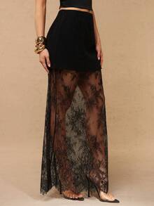 Silquee Chân váy ren xếp ly rỗng eo thanh lịch dành cho nữ - màu đen - Xem 6