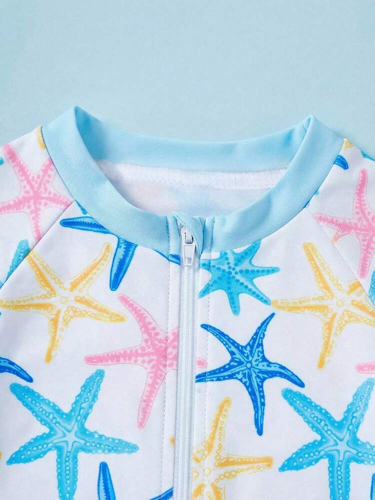 SHEIN Baby Girl Palm Tree Print Long Sleeve Romper Swimsuit With Shorts - Multicolor - View 3