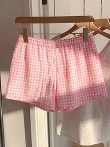 Comfortcana 2026春夏新款时尚女式休闲粉色格子棉麻短裤，新年 - 粉色 - 查看 2