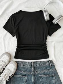 SHEIN 少女款海军蓝白领针织休闲撞色修身短款上衣，带小号Logo刺绣 - 黑與白 - 查看 2