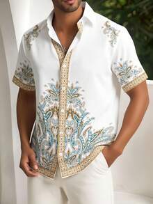 Manfinity RSRT 男士休闲度假佩斯利印花前扣短袖衬衫，夏季上衣度假外出上衣旅行度假服装夏季上衣男装假日服装沙滩装男士度假衬衫男士短袖衬衫男友礼物夏季服装沙滩度假衬衫男士休闲春季服装夏季服装春季服装夏季上衣春季服装 - 彩色 - 查看 6