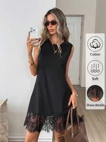 Easowa Cotton Crew Neck Sleeveless Lace Hem Mini Dress, Suitable For Casual, Beach, Holiday Wear, Spring/Summer Women's Sleeveless Black Shift Dress With Delicate Lace Hem And Round Neck Soft Cotton Feel For Summer Summer Dress Spring Dresses Beach Dress Casual Dresses For Women Vacation Dress Ruffle Dress,Black Dress For Women,Summer Dresses For Women - Black - View 5