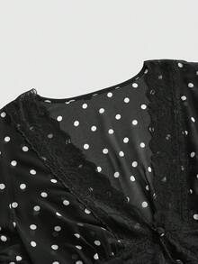 Kawaii Blusa de mujer con patchwork de encaje transparente y lunares retro - Negro - Ver 3