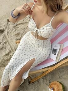 MainGRL Women's Vacation Ditsy Floral Front Tie Hollow Out Sexy Spaghetti Strap Dress - Apricot - View 3