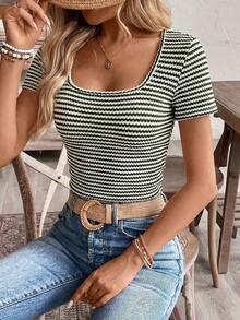 SHEIN Frenchy Áo thun nữ cơ bản tối giản, phối sọc và khối màu, xếp ly. - màu xanh lá - Xem 4