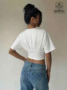 Aloruh White Ruched Short Sleeve V-Neck Cropped Top,Summer Holiday Vacation Outfits Women,Seksi Chic Brunch Street Spring Fashion Clothing Festival Beach - White - View 3