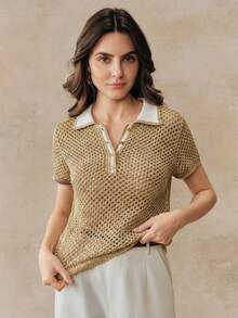 Anewsta Colorblock Linen Hollow Out Knit Polo Shirt For Women, Retro Collar Short Sleeve Top, Spring/Summer - Khaki - View 7