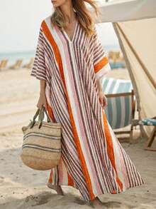 Balvessa 女士复古印花V领长连衣裙，沙滩罩衫，泳装外套，春夏款 - 彩色 - 查看 4