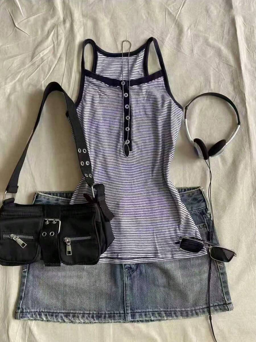 Glimmora Women's Button Design Striped Casual Versatile Camisole - Multicolor - View 1