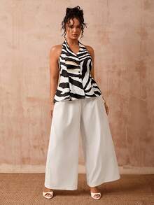 Veslaya 春夏新款两件套：波浪印花无袖露背系带露脐上衣搭配宽松白色阔腿裤，适合通勤、休闲、日常、派对、办公室、商务等场合，尽显优雅气质。这款套装也适合大码女性居家办公穿着，是女士办公室工作服、半正式女装、夏季女装以及优雅套装的理想之选。 - 彩色 - 查看 10