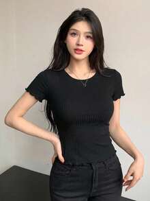Camiseta de manga larga con hombro asimétrico, volantes y fruncido para mujer - Negro 2 - Ver 5