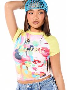 SUMWON WOMEN 女士 Malibu 抽象拼贴插肩短袖露脐上衣，多色印花，夏季节日休闲修身彩色艺术设计 - 彩色 - 查看 4