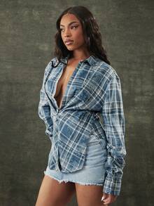 Denimoi 扭结前襟低领格子上衣 - 霧霾藍 - 查看 2