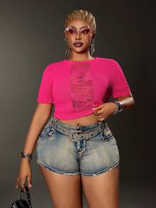 Maweii Suéter de mujer talla grande, tejido, top de manga corta, cuello redondo, color rojo rosa, primavera y verano, con recortes, diseño con sentido, vacaciones, sexy, estilizador, top corto - Rosa Fucsia - Ver 1