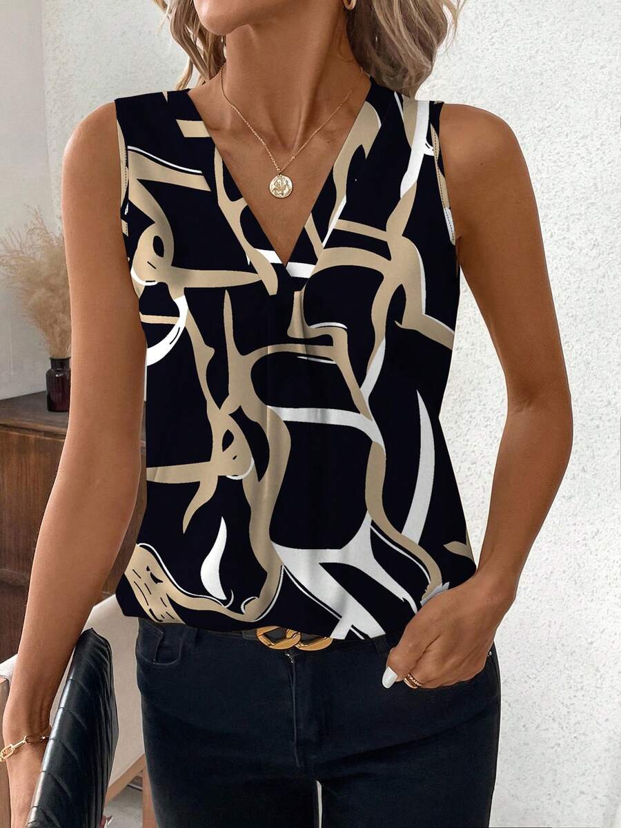 SHEIN Clasi Plus Size Sleeveless Allover Print Casual Vacation Shirt - Black - View 1