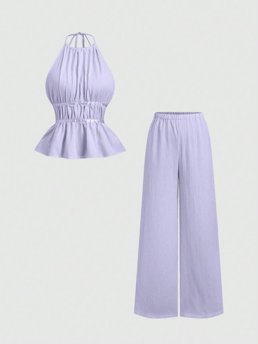 Sweetra 女士纯色褶皱吊带上衣和阔腿裤休闲两件套 - 紫色 - 查看 1