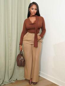 Chea Andrea Elegant Intellectual Brown Wide Leg Pants With Pleated Design For Women - Coffee Brown - View 1