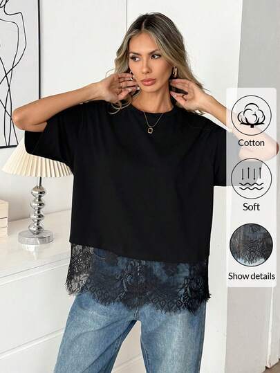 Easowa Women's Black Cotton Blend T-Shirt With Elegant Lace Hem Short Sleeve Round Neck Casual Top Comfortable Black Cotton T-Shirt With Lace Trim For Women Stylish Short Sleeve Crew-Neck Top Chic Black Lace Hem Cotton Blend Women's Relaxed Fit Short Sleeve Everyday Top Valentines Lace Trim Top Cotton Tops Casual Tops Casual Tops Women Spring Women Summer For Women New Year Party Top Black Top