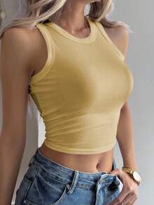 Dazy Tall 女士圆领修身休闲吊带露脐上衣 - 黃色 - 查看 4