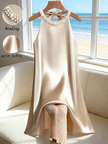 Franclia 女士简约优雅圆领串珠无袖宽松人造丝面料休闲系带露背迷你连衣裙 - 杏色 - 查看 1