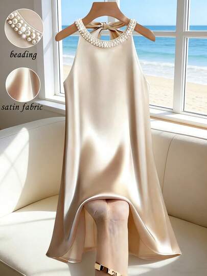 Franclia Women's Simple Elegant Round Neck Beaded Sleeveless Loose Rayon Fabric Casual Tie Back Mini Dress Pearl Dress Satin Dress Beaded Dress Silky Dress Creme Dress Dress Beach Sleeveless Dress