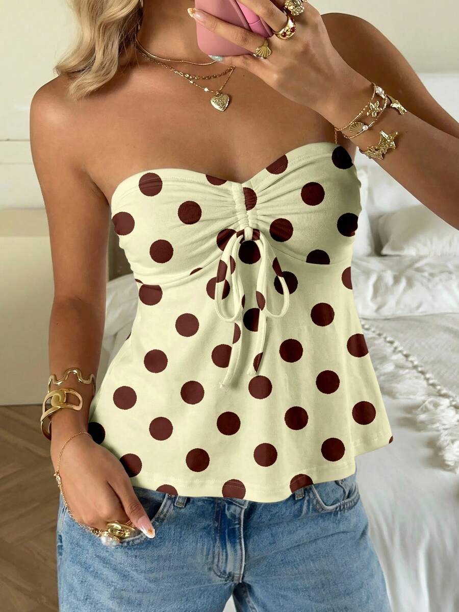 CovetEZ Women's Halter Tie Bow Polka Dot Print Chic Crop Top, Suitable For Summer, Beach, Date, Outing - Multicolor - View 1