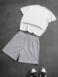 PAVTROS Men's Letter Print Round Neck Short Sleeve T-Shirt And Drawstring Waist Shorts Casual Daily Outfit - Multicolor - View 4